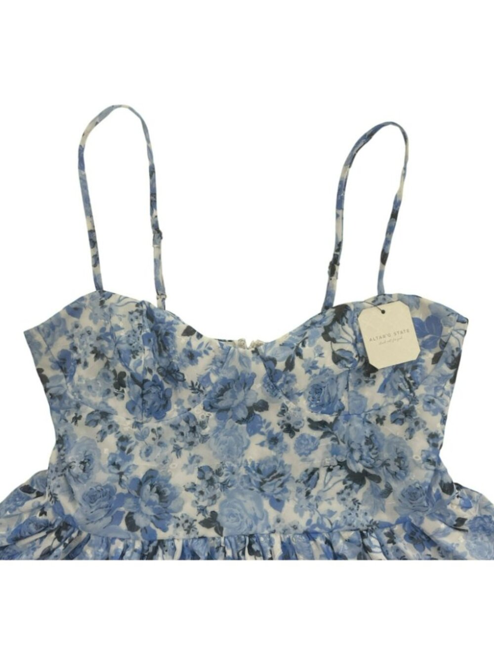 Altard State Scalloped Hem Dress Blue & White Floral Adjustable Straps Sz XL NEW - Picture 3 of 10